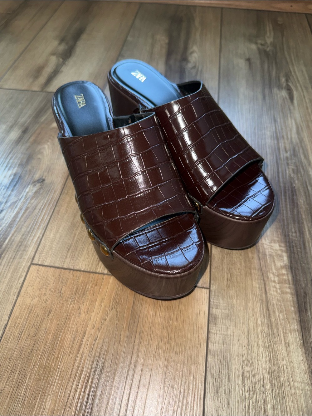 Zara Dark Brown Textured Wedge Studded Platform Mules Size 37/6.5